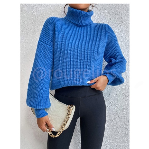 Blue Turtleneck Knit Pullover Sweater Long Sleeve - Picture 3 of 16